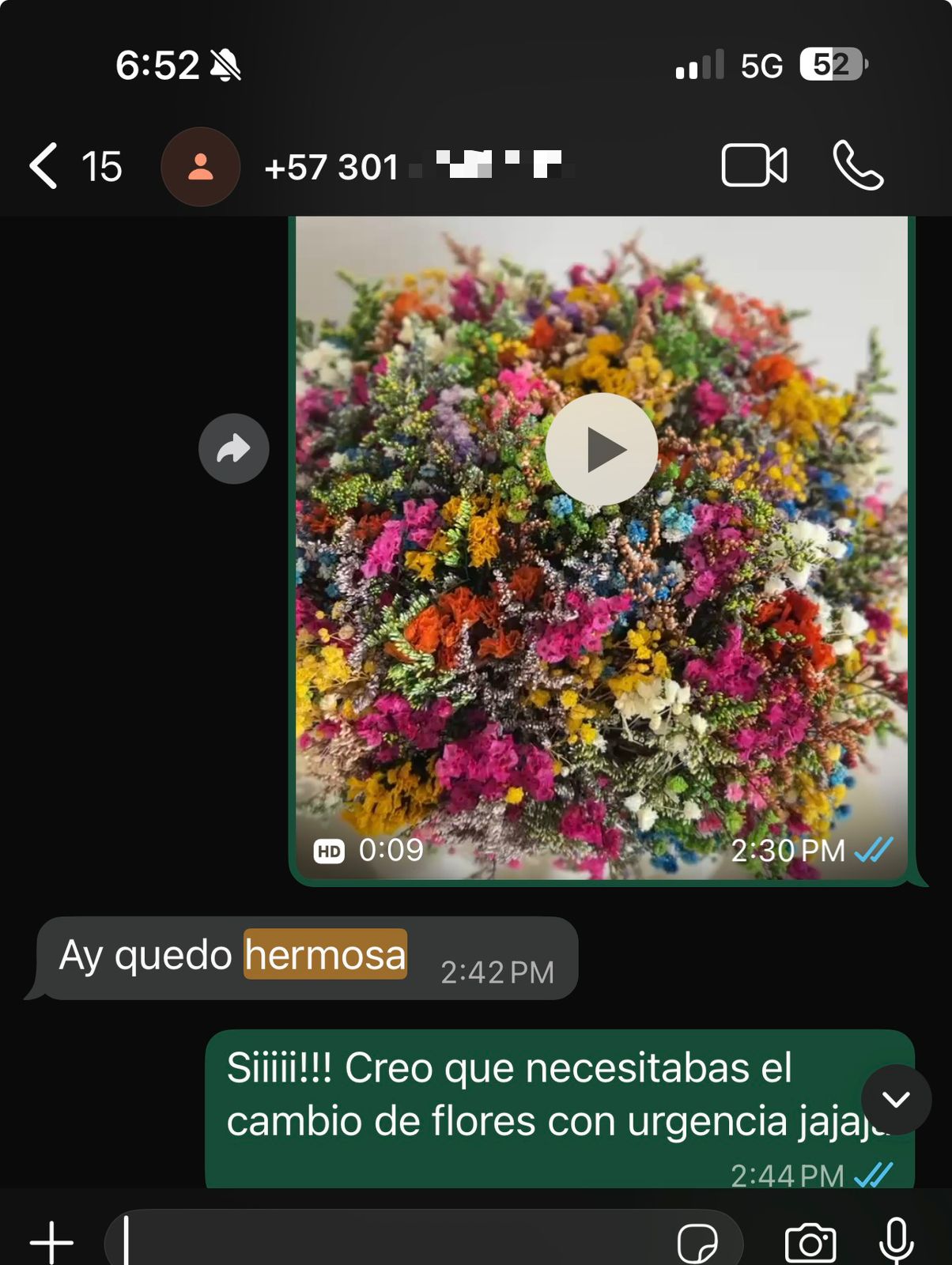Reseña de cliente Tera Matera en WhatsApp